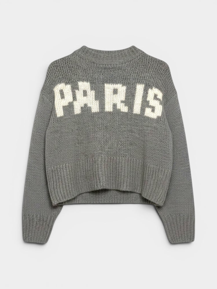 Gray Cropped 'Paris' Intarsia Knit Sweater
