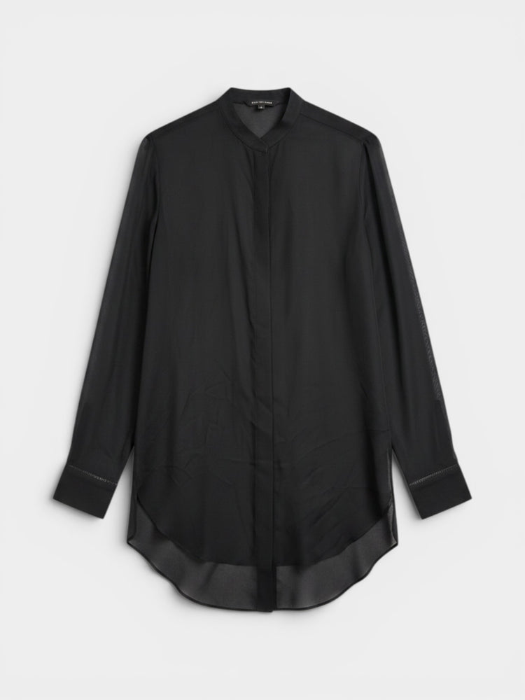 Black Sheer Silk Longline Draped Blouse