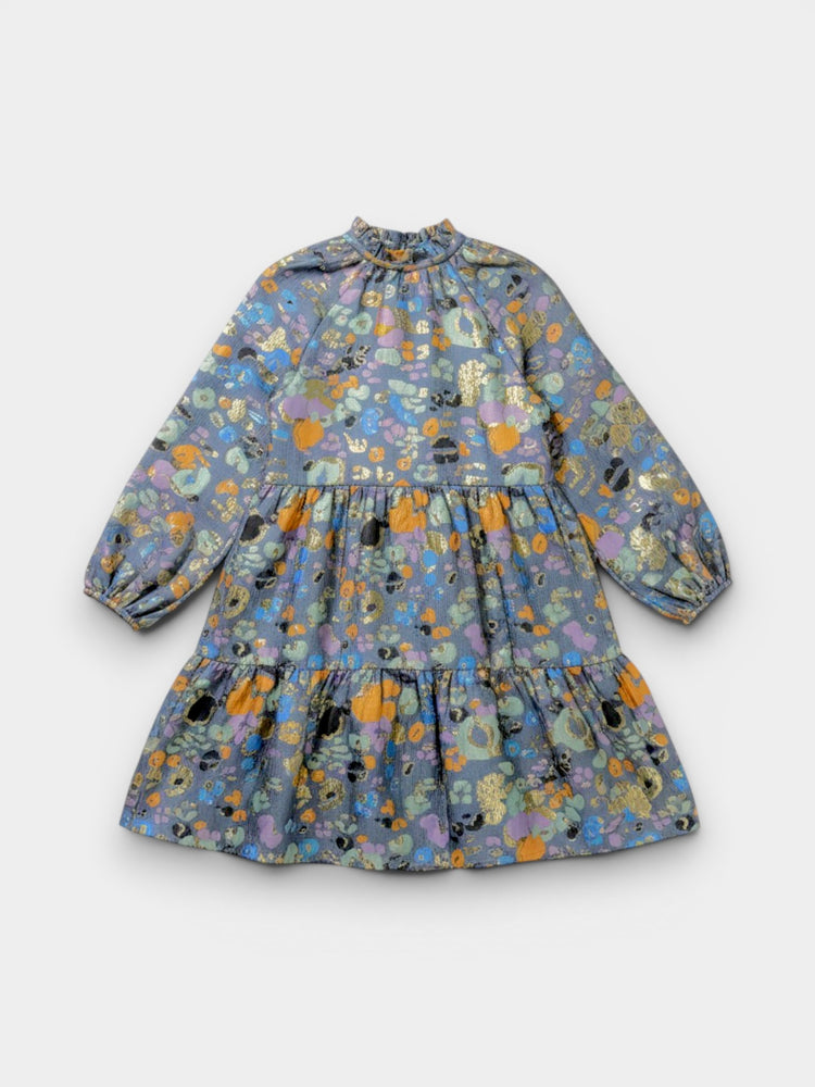 Blue Leopard Jacquard Puff Sleeve Tiered Dress Metallic