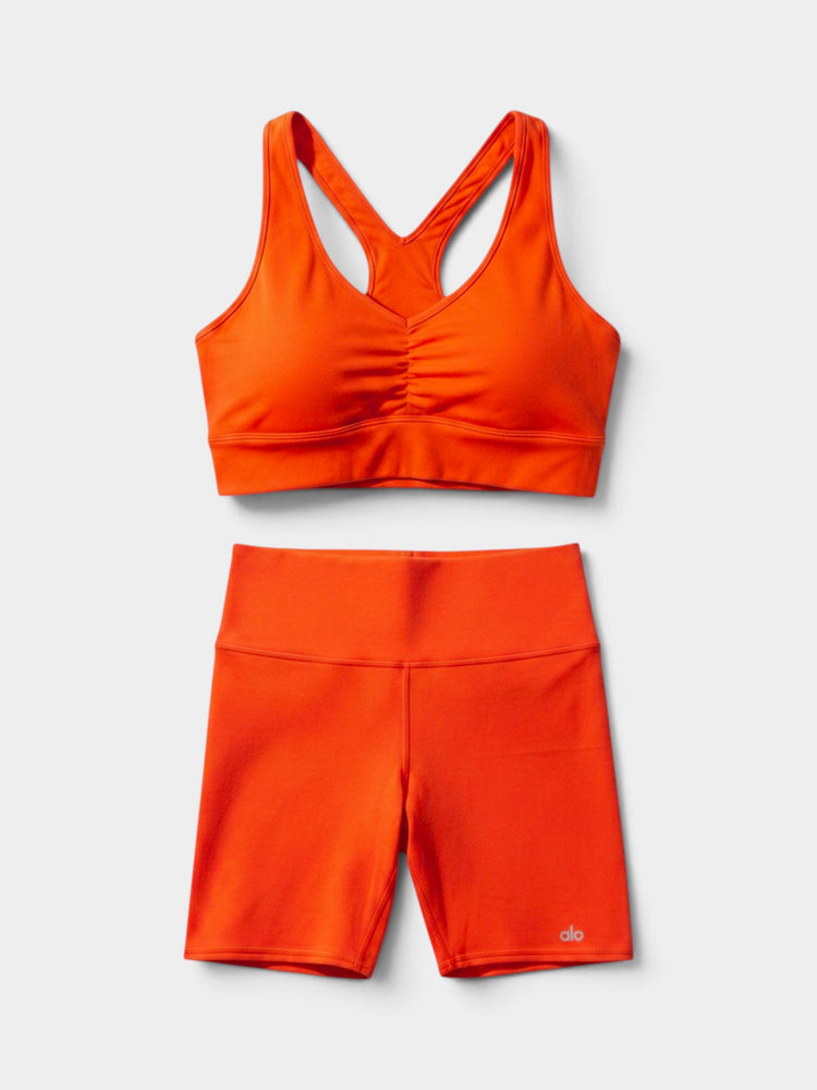 Red-Orange Racerback Sports Bra and Bike Shorts Matching Set