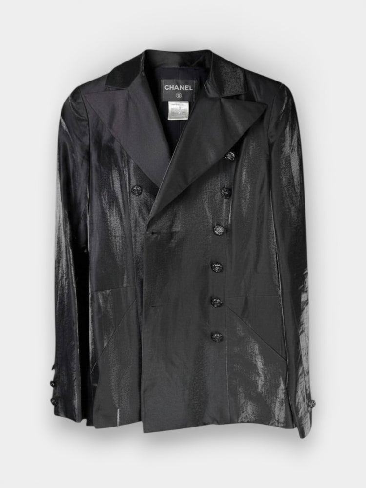 Black Coated Linen Double-Breasted Blazer