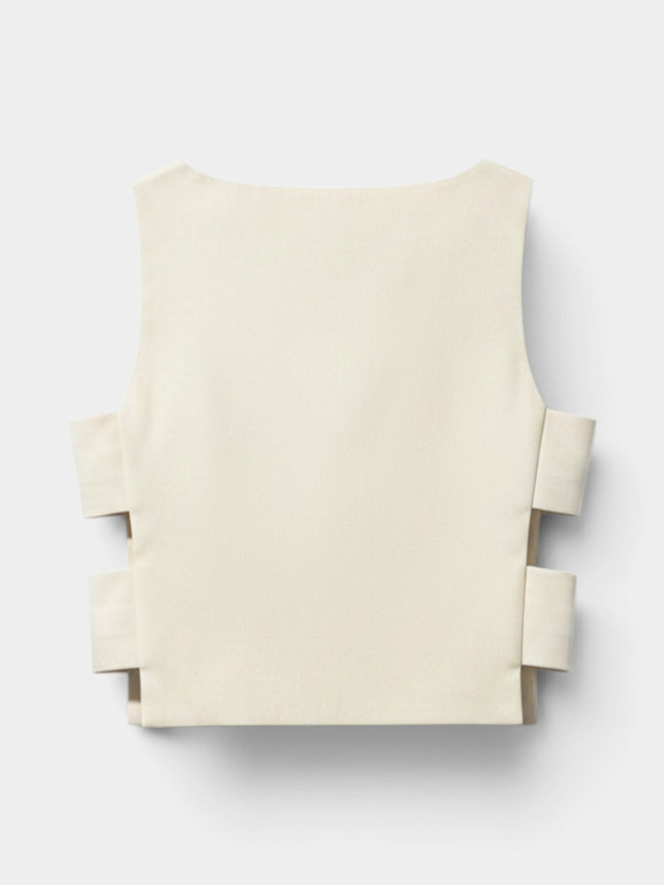 Cream Structured Cropped Square-Neck Tank Top with Side Cut-Outs