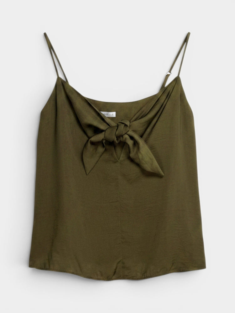 Olive Green Satin Knot-Front Camisole Top