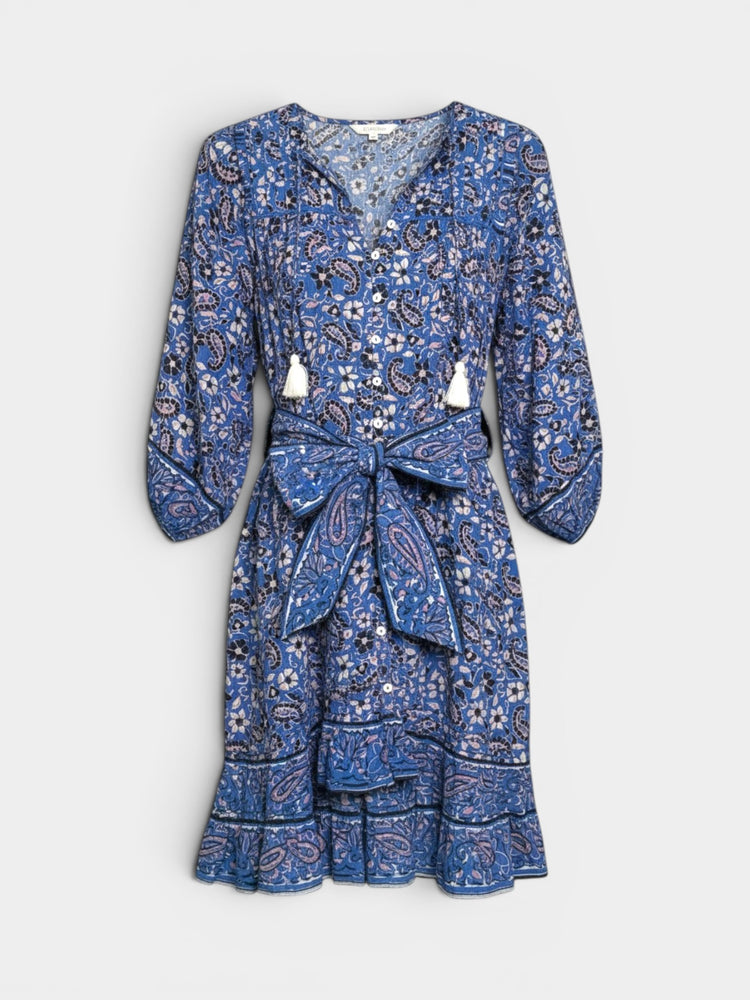Blue Paisley Floral Print Dress with Tie Belt