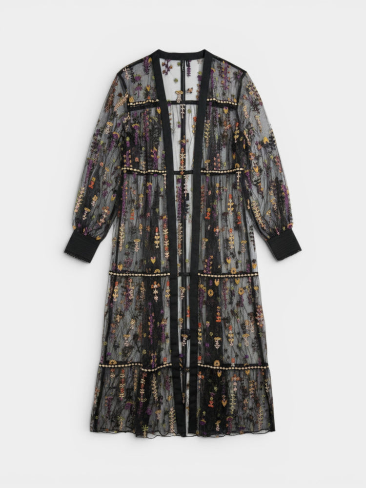Black Floral Embroidered Sheer Mesh Duster