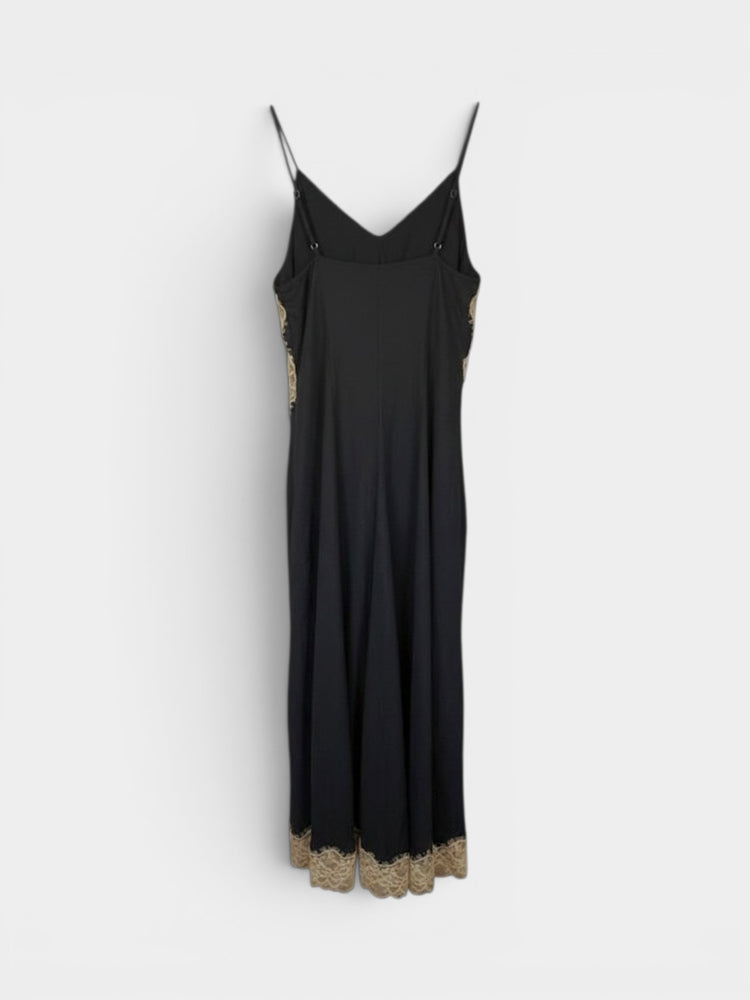 Black Silk Lace Trim Slip Midi Dress