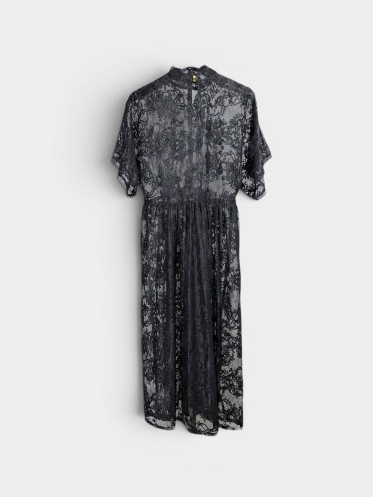 Black Floral Lace Midi Dress with Flutter Sleeves