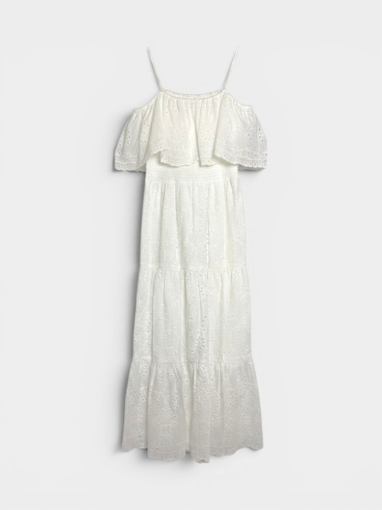 Ivory White Eyelet Cotton Tiered Dress