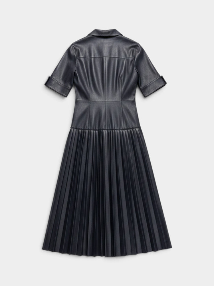 Black Faux Leather Pleated Midi Shirtdress