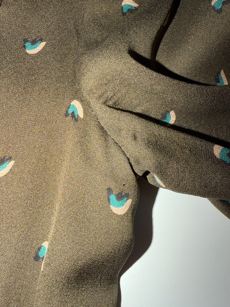 Olive Silk Bird Print Ruffle Trim A-Line Dress