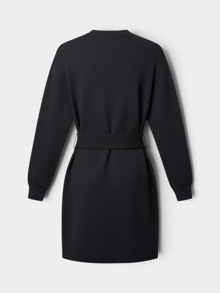 Black Knit Belted Long-Sleeve Mini Sweater Dress