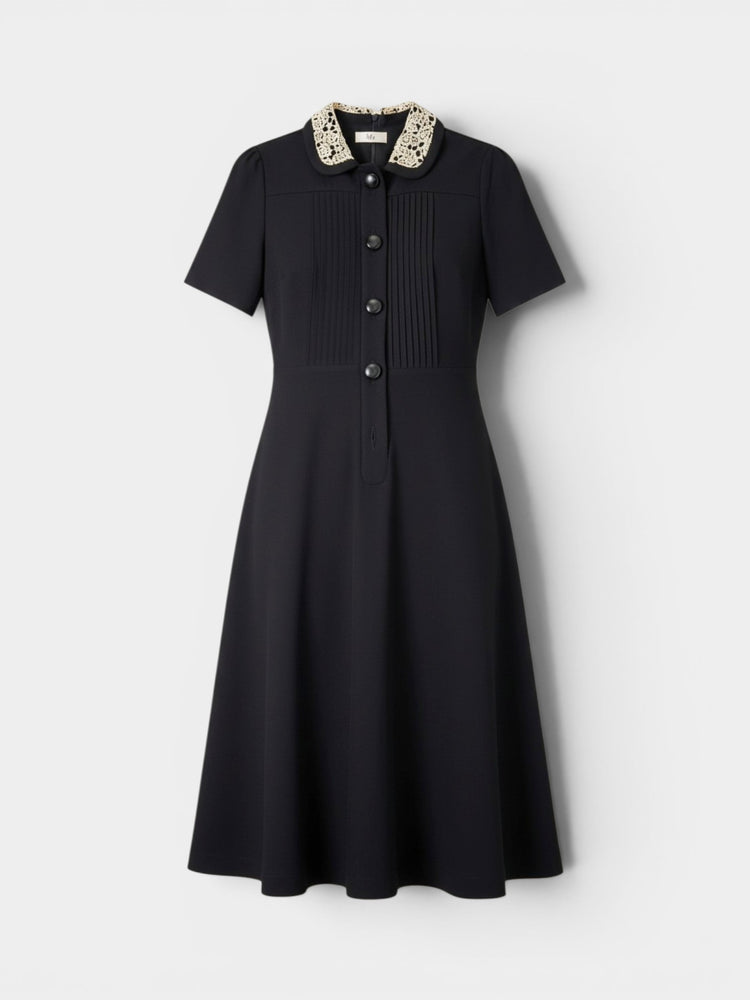 Black Fit-and-Flare Midi Dress with Lace Collar