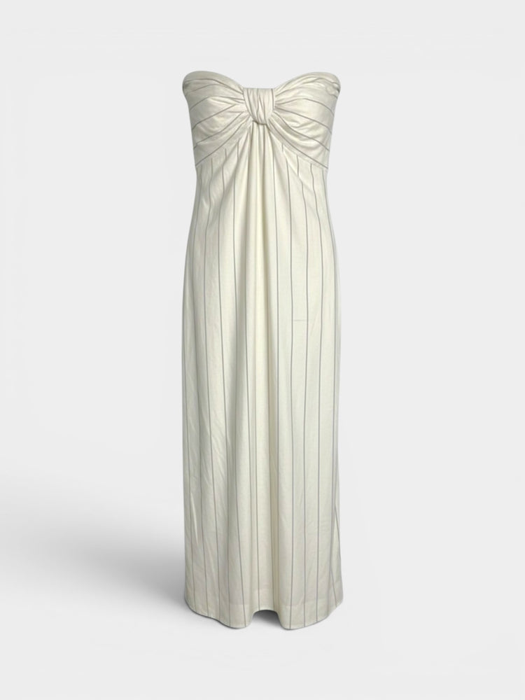 Ivory Gray Pinstripe Strapless Midi Dress