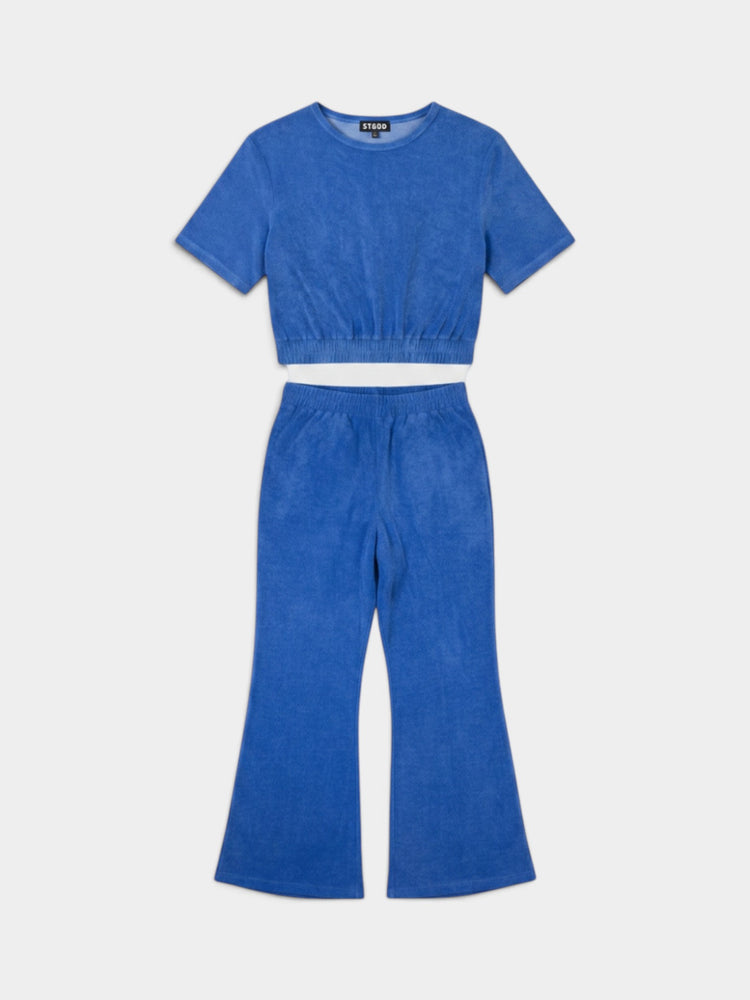Blue Terry Cloth Cropped Top and Flare Pants Matching Set
