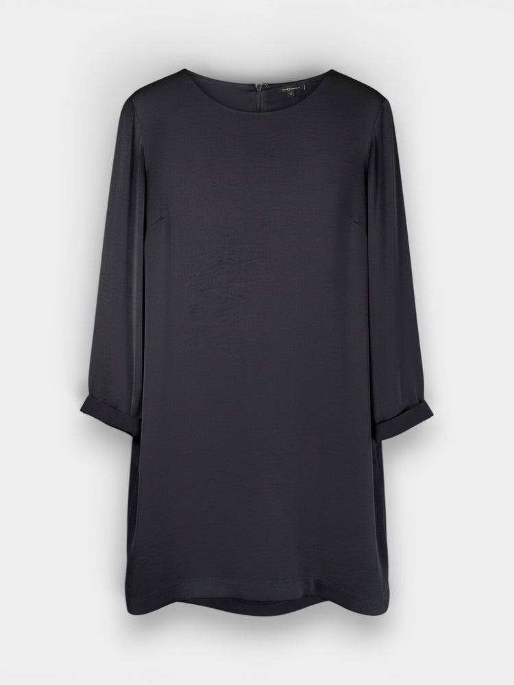 Black Satin Shift Dress with Three-Quarter Sleeves
