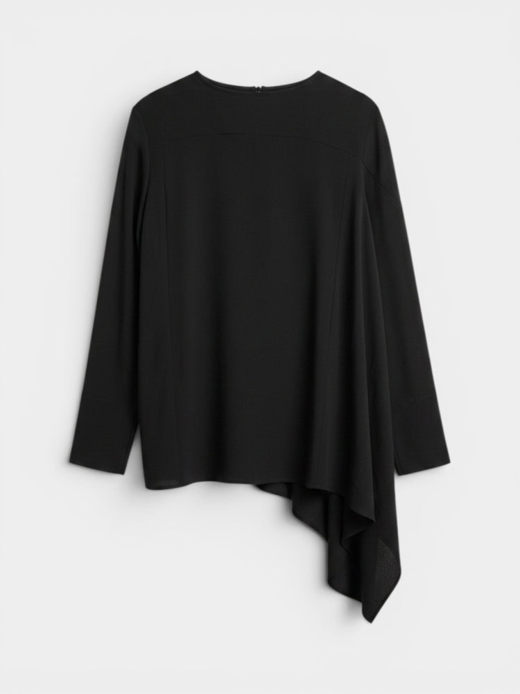 Black Long-Sleeve Asymmetric Draped Handkerchief Hem Top