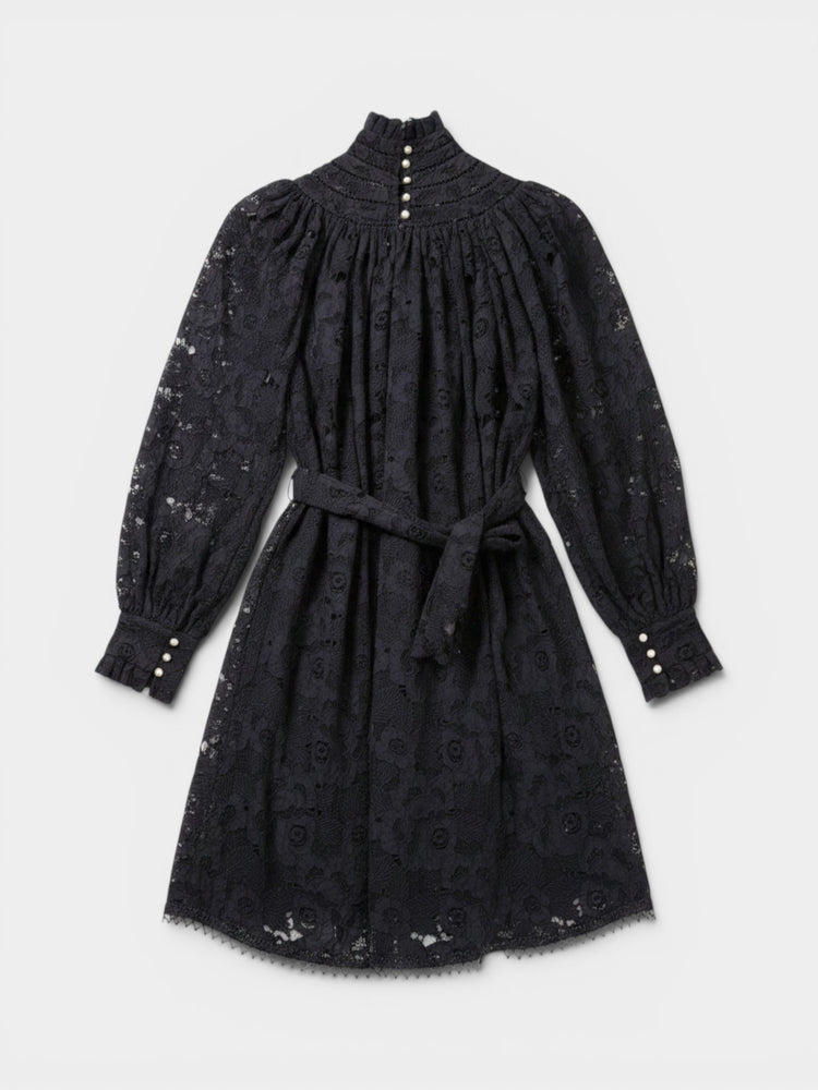 Black Floral Lace Mock-Neck Mini Dress