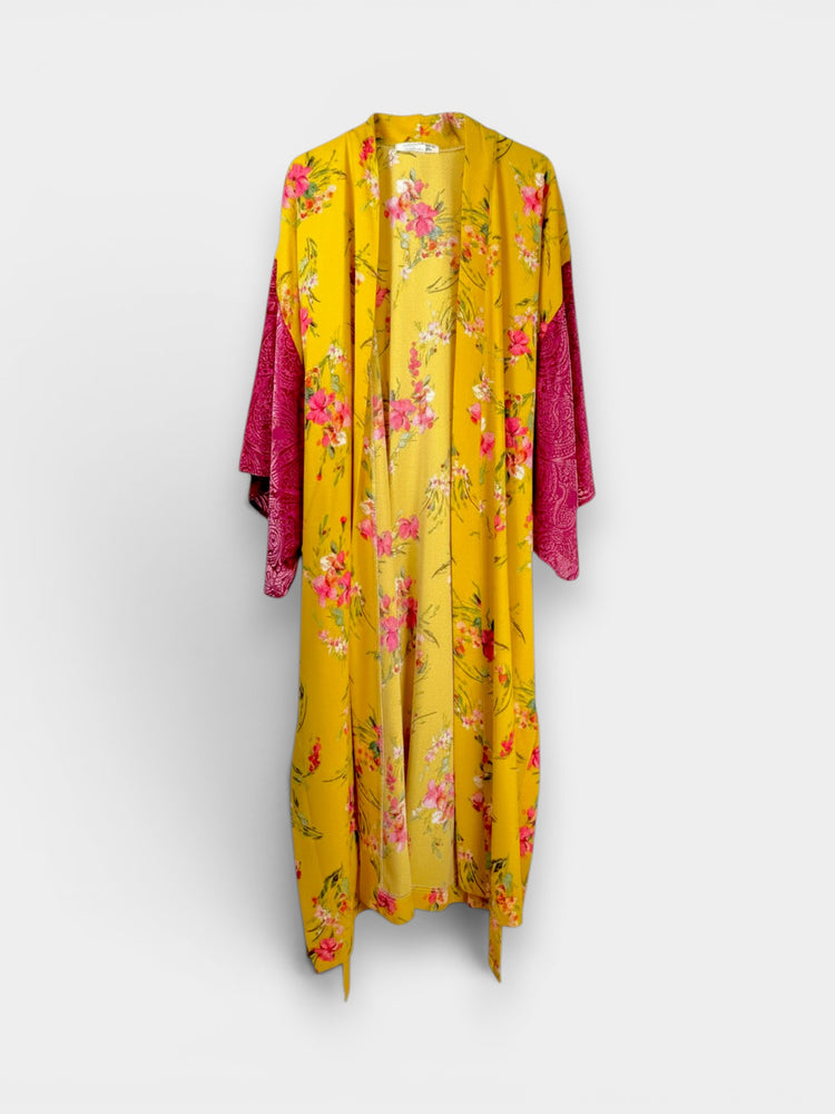 Mustard Yellow Floral Maxi Kimono Robe with Paisley Sleeves