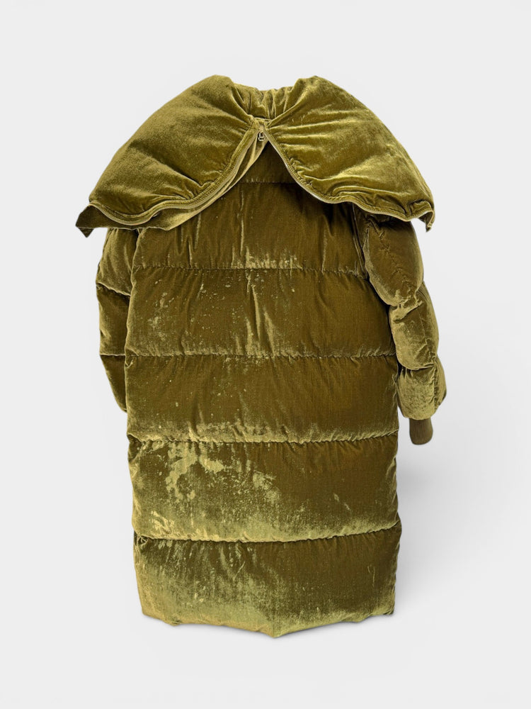 Olive Velvet Long Quilted Puffer Coat