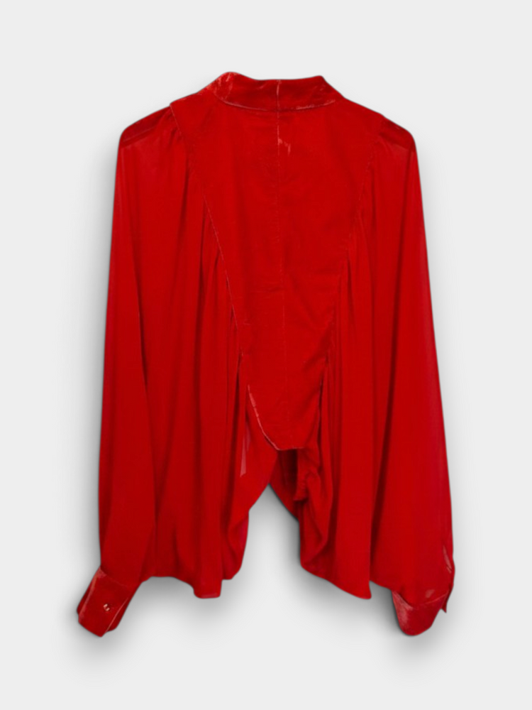 Red Velvet Mixed-Texture Draped Waterfall Blouse