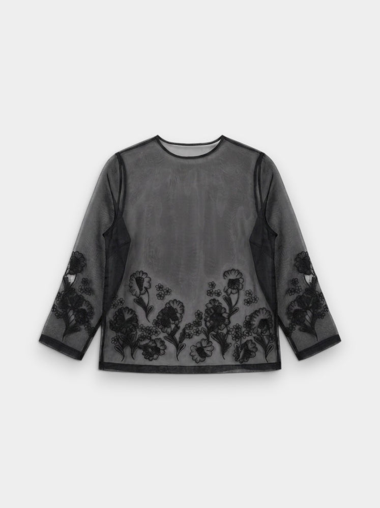 Black Sheer Mesh Floral Embroidered Long-Sleeve Top