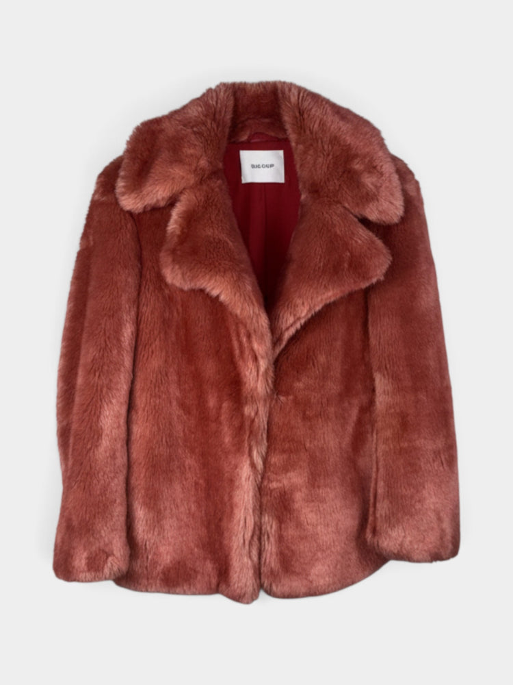 Rust Terracotta Faux Fur Mid-Length Coat