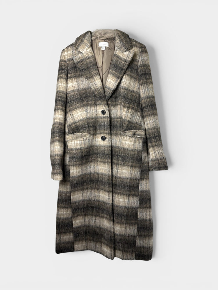 Gray Plaid Brushed Wool-Blend Long Coat