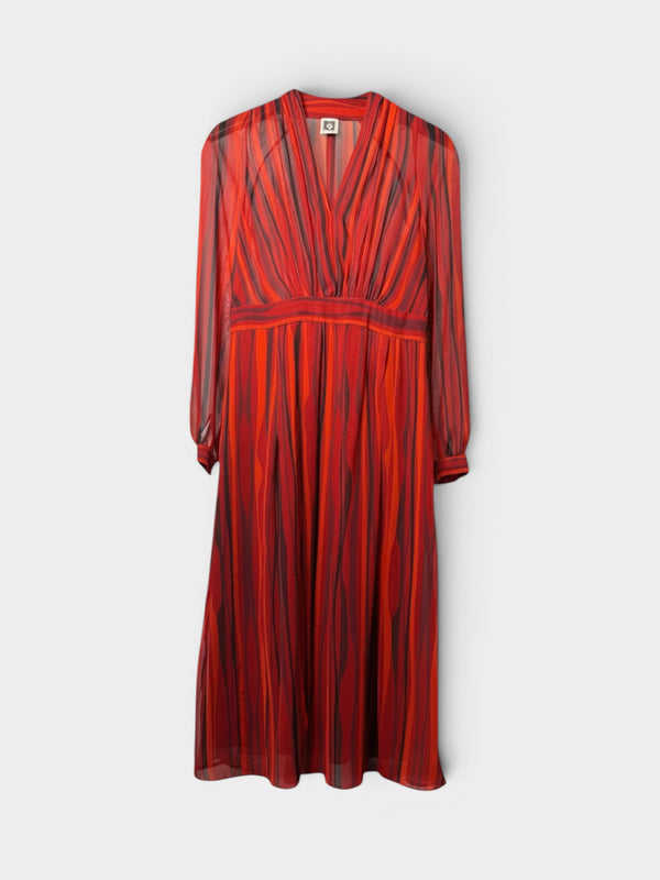 Red Wavy Stripe Chiffon Empire Waist Midi Dress