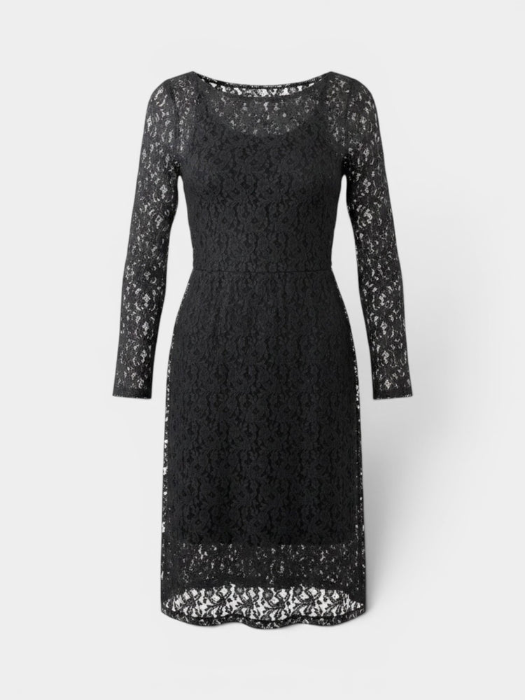 Black Floral Lace Long-Sleeve Fitted Midi Dress