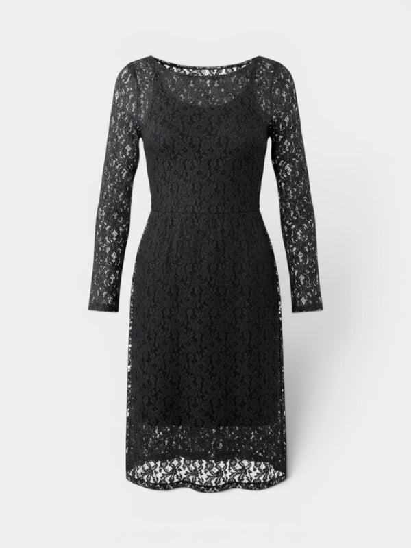 Black Floral Lace Long-Sleeve Fitted Midi Dress