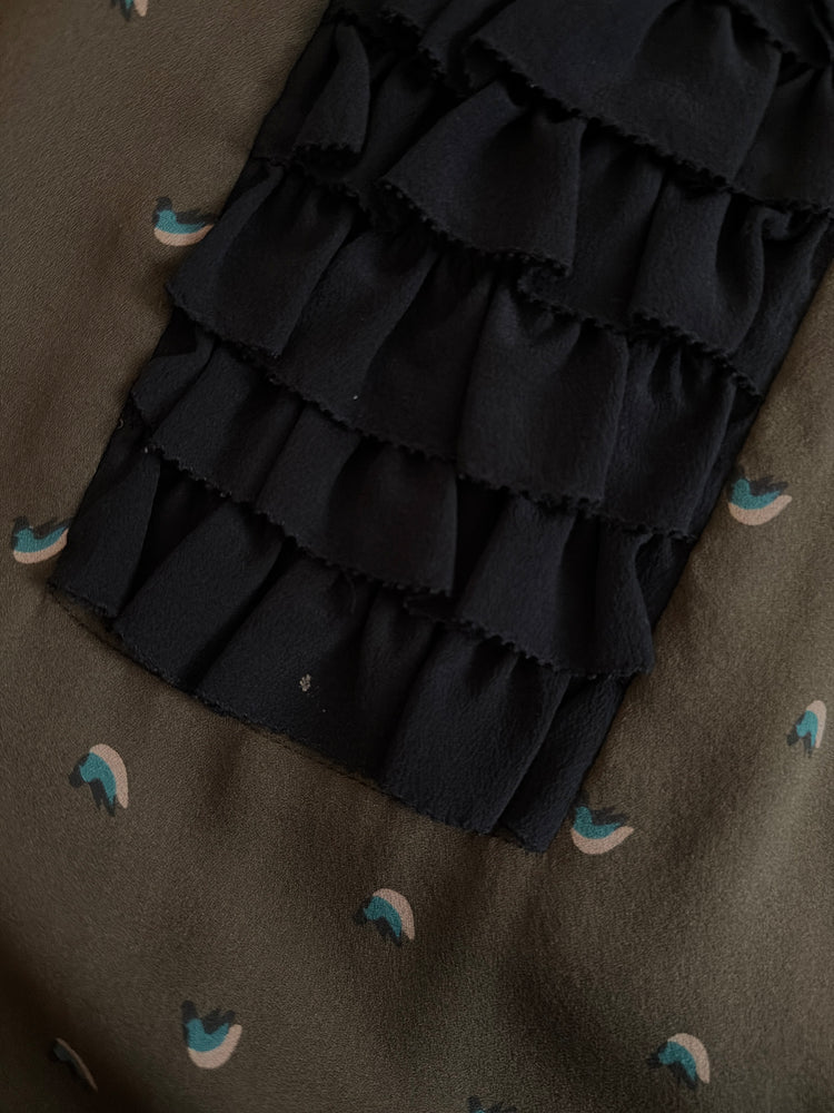 Olive Silk Bird Print Ruffle Trim A-Line Dress