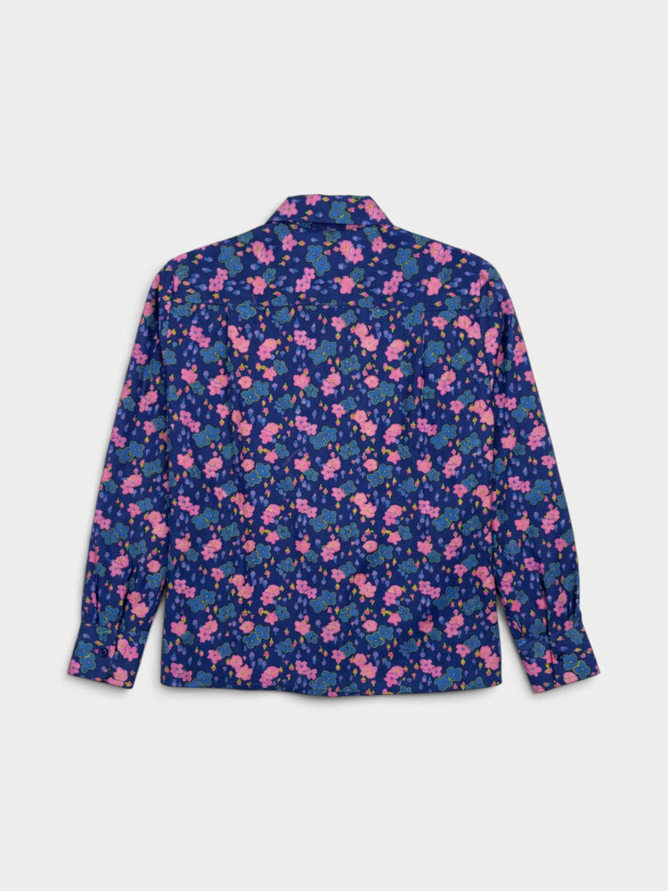 Navy Floral Print Long-Sleeve Button-Down Blouse