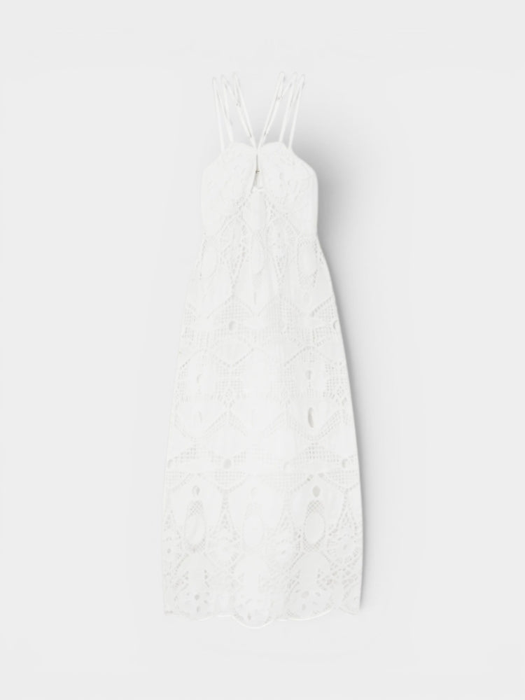 White Lace Crochet Halter Midi Dress