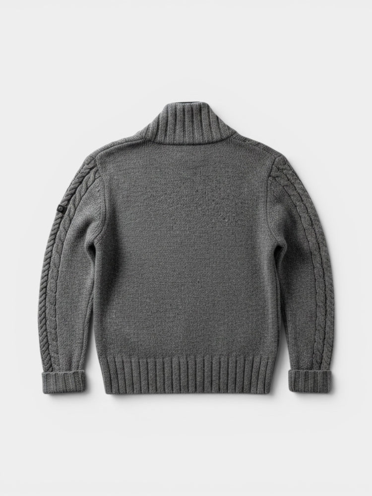Gray Cable Knit Shawl Collar Wool Sweater