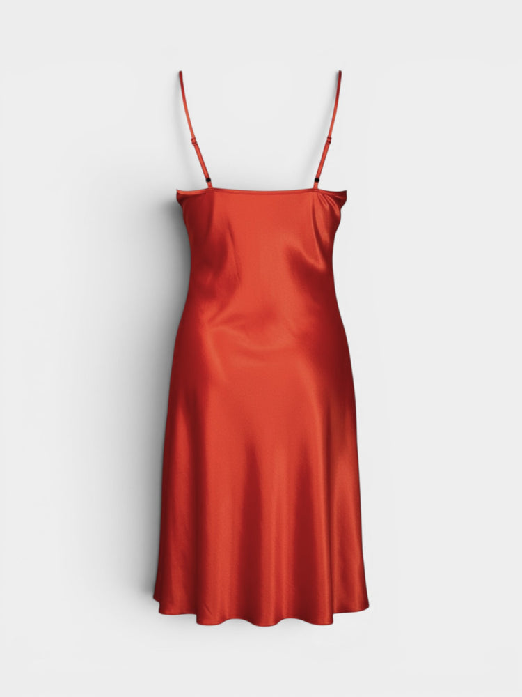 Red Satin Midi Slip Dress with V-Neckline and Adjustable Straps