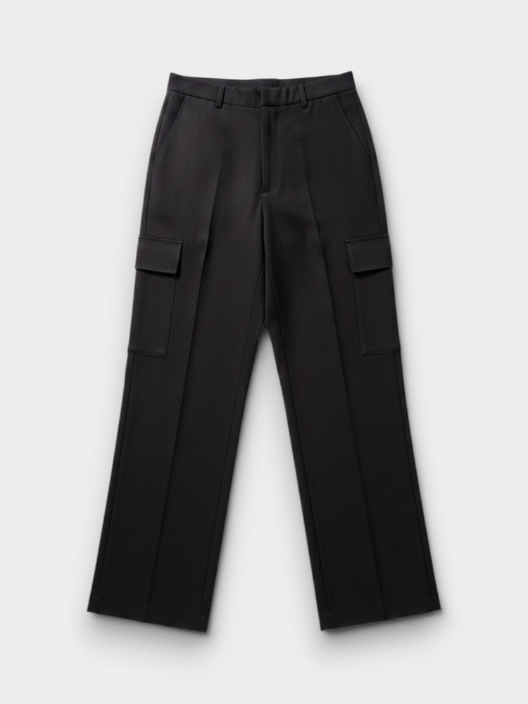 Black Pleated Cargo Straight-Leg Trousers