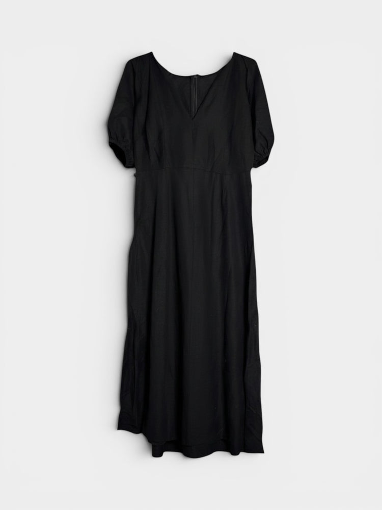 Black Puff Sleeve Midi Dress with V-Back