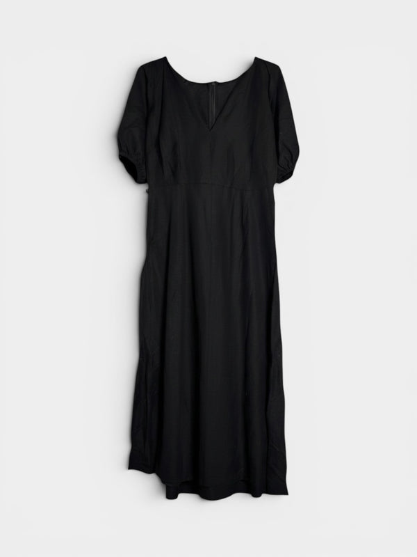 Black Puff Sleeve Midi Dress with V-Back
