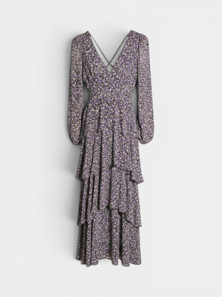 Purple Floral Long Sleeve Tiered Dress