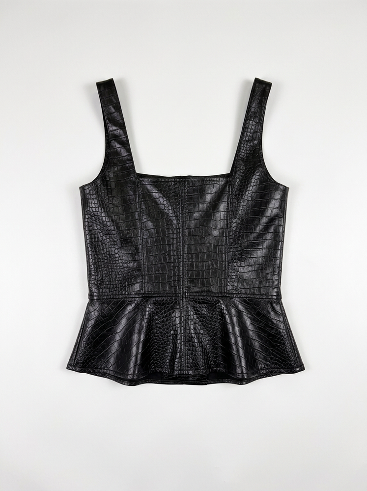 Black Croc Embossed Faux Leather Peplum Top