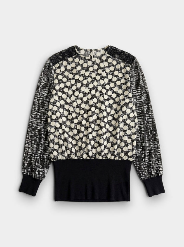 Black Ivory Silk Polka Dot Beaded Shoulder Blouse