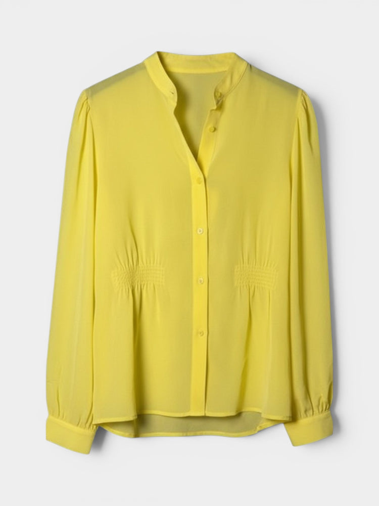 Yellow Chiffon Long-Sleeve Blouse With Smocked Detail
