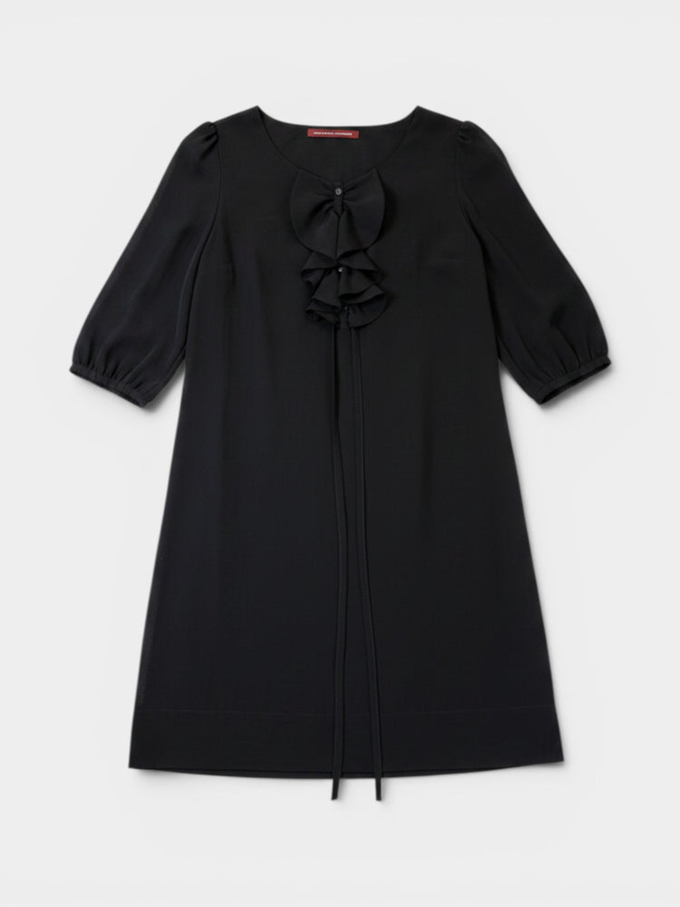 Black Ruffle Bow Mini Dress with Puff Sleeves