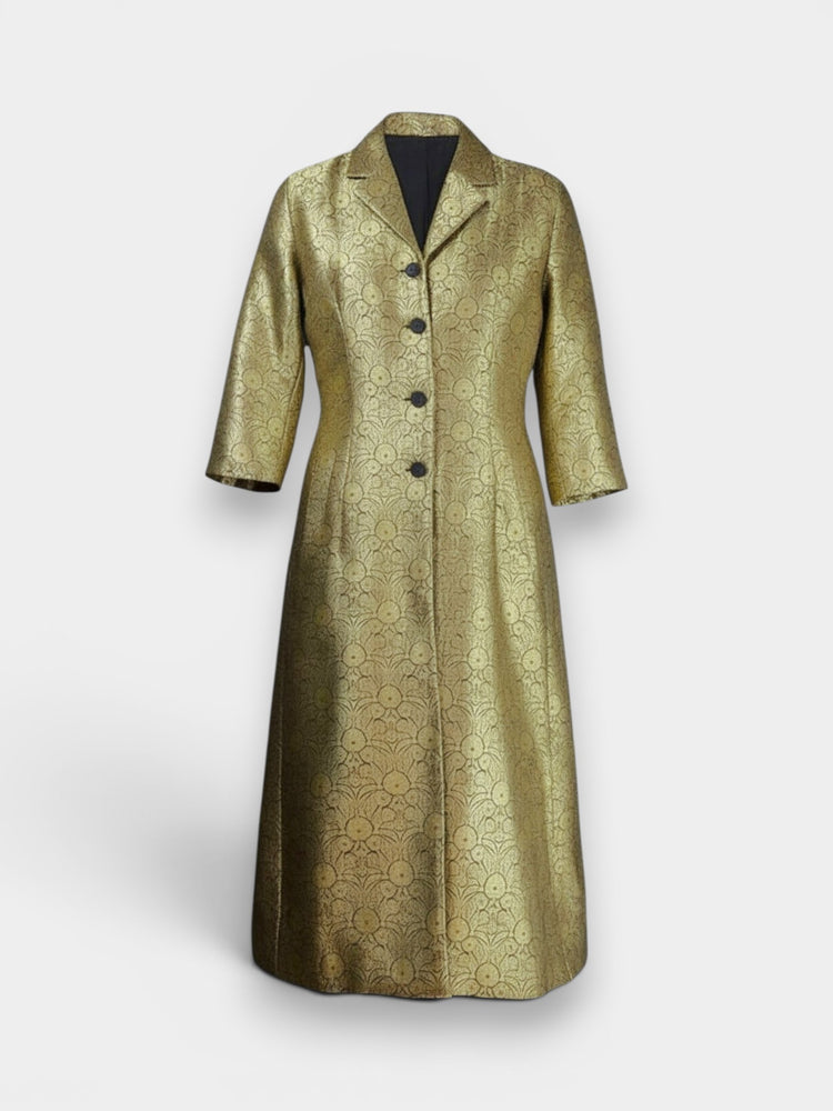 Gold Metallic Floral Brocade Midi A-Line Coat