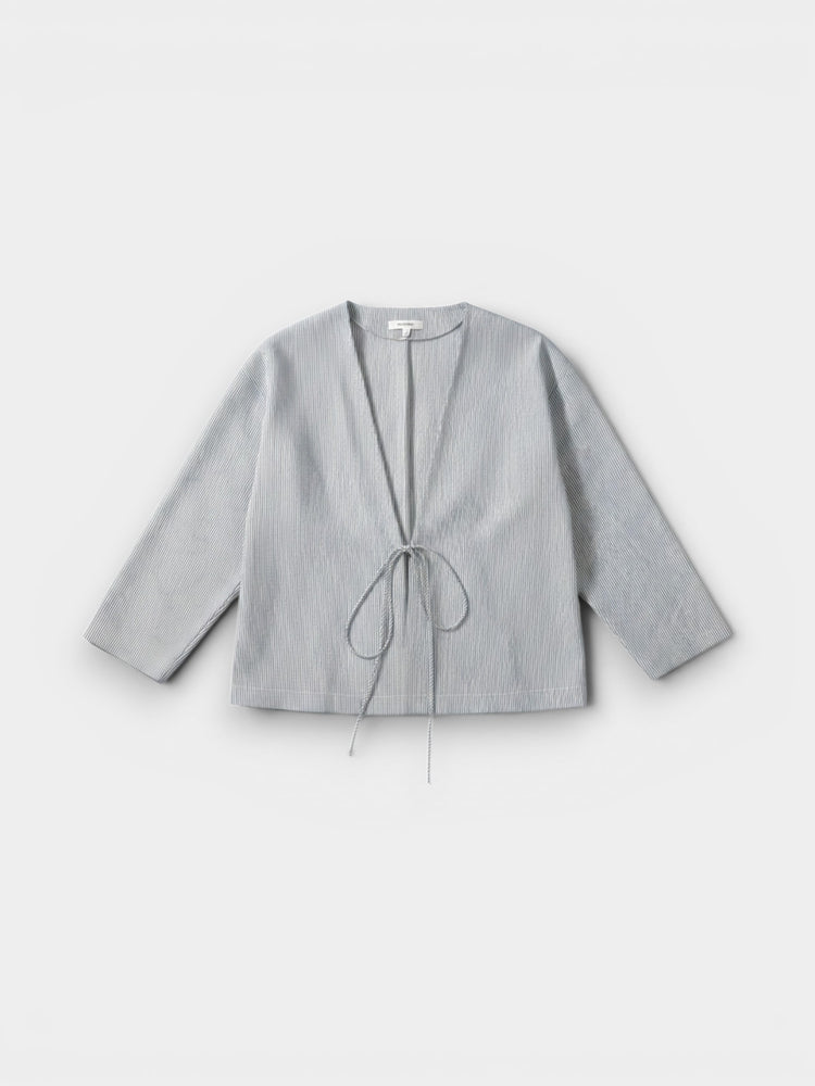 Gray White Pinstripe Wrap Blouse