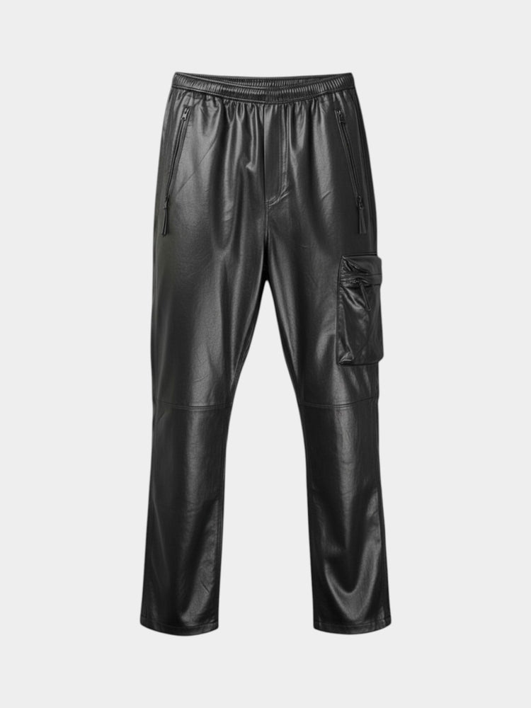 Black Faux Leather Cargo Straight Leg Pants