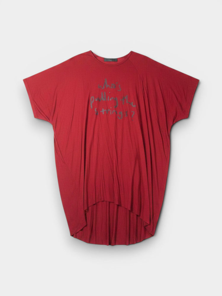 Crimson Red Oversized Batwing Graphic T-Shirt Dress Hi-Low Hem