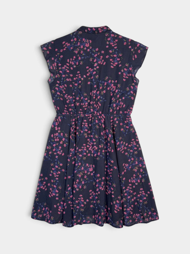 Navy Silk Floral Flutter Sleeve Fit-and-Flare Dress