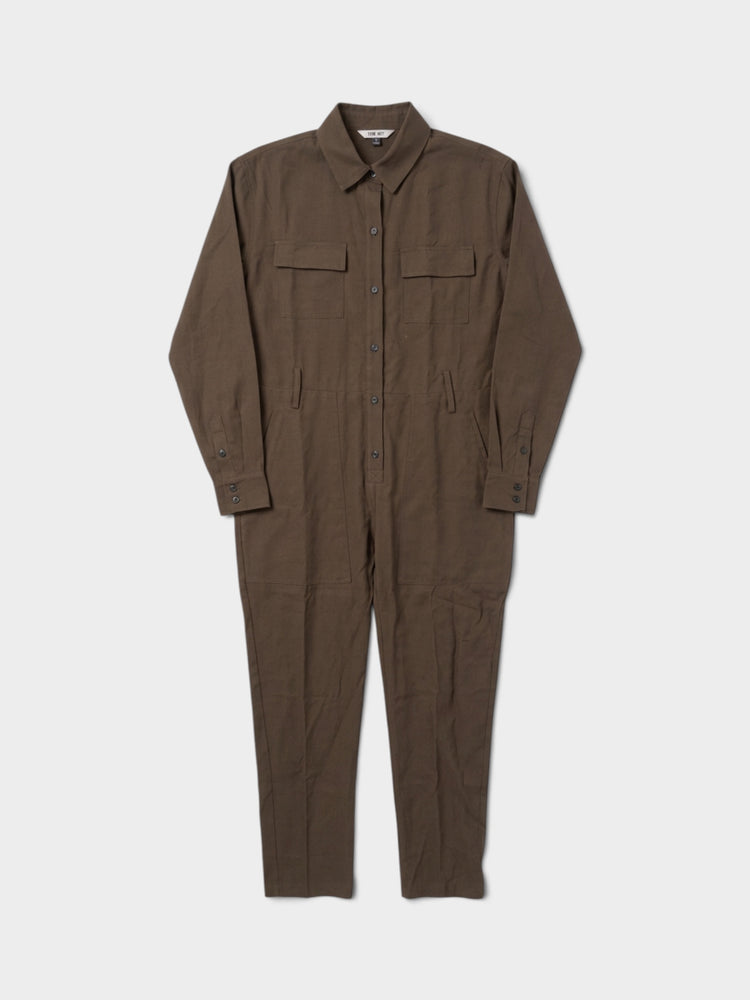 Brown Utility Jumpsuit Long Sleeve Button Front