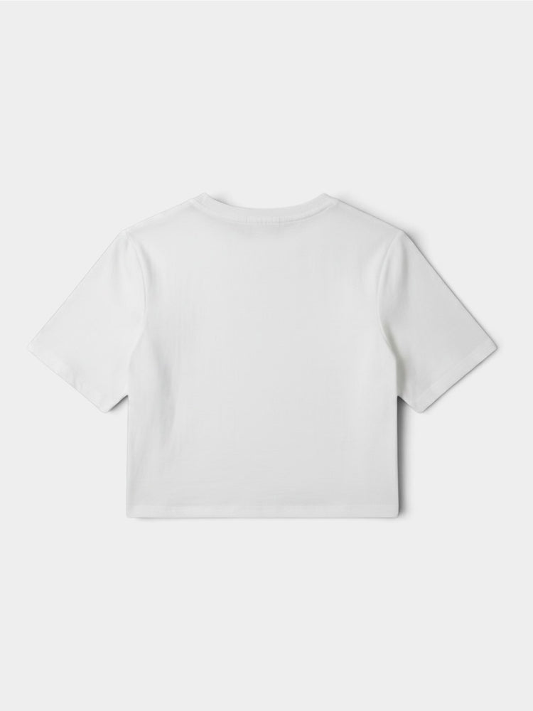 White Cropped T-Shirt with Peal Embroidery Detail